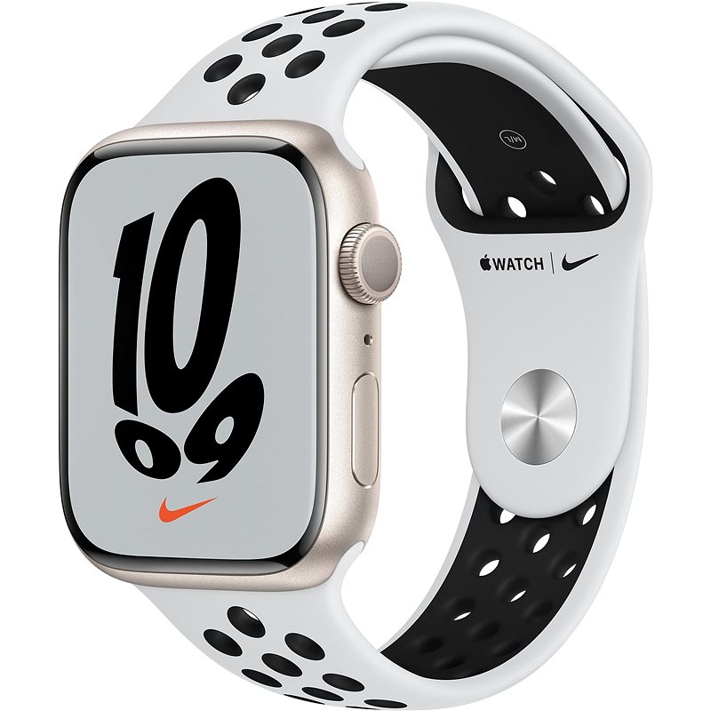 Apple Watch Nike Series 7 45mm Hvězdně bílý hliník s platinovým/černým sportovním řemínkem Nike - Chytré hodinky