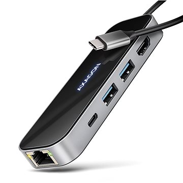 AXAGON HMC-6GLN GLASS 6-in-1 Hub, USB-C 5Gbps, 2x USB-A, USB-C, HDMI 4k/60Hz, RJ-45, PD 100W