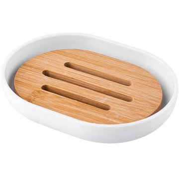 

Altom Bílá miska na mýdlo z plastu a bambusu, 12 × 9 × 2,5 cm