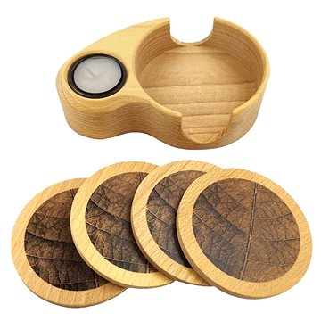 

AMADEA Dřevěný stojánek na tácky a svícen 2v1, 4 tácky s potiskem, masivní dřevo, 18,5x12,5x4,5 cm