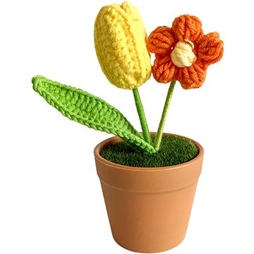 

ANNAM Háčkovaná květina v květináči žlutý tulipán, 7 × 14 cm