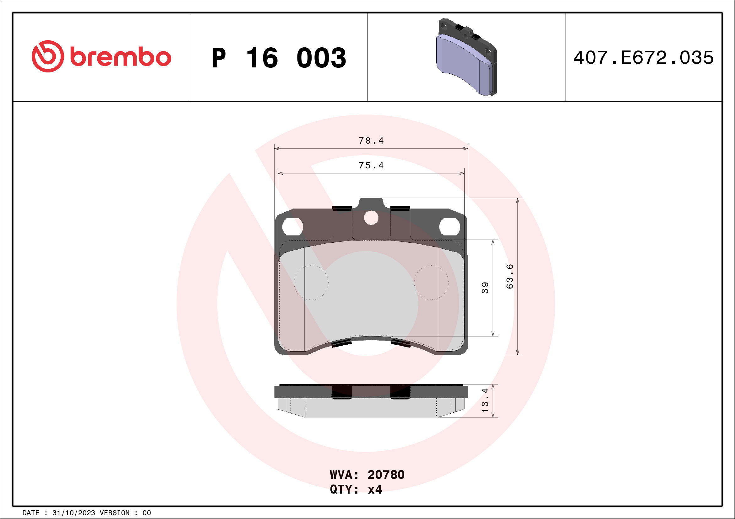 

BREMBO Sada brzdových destiček P 16 003
