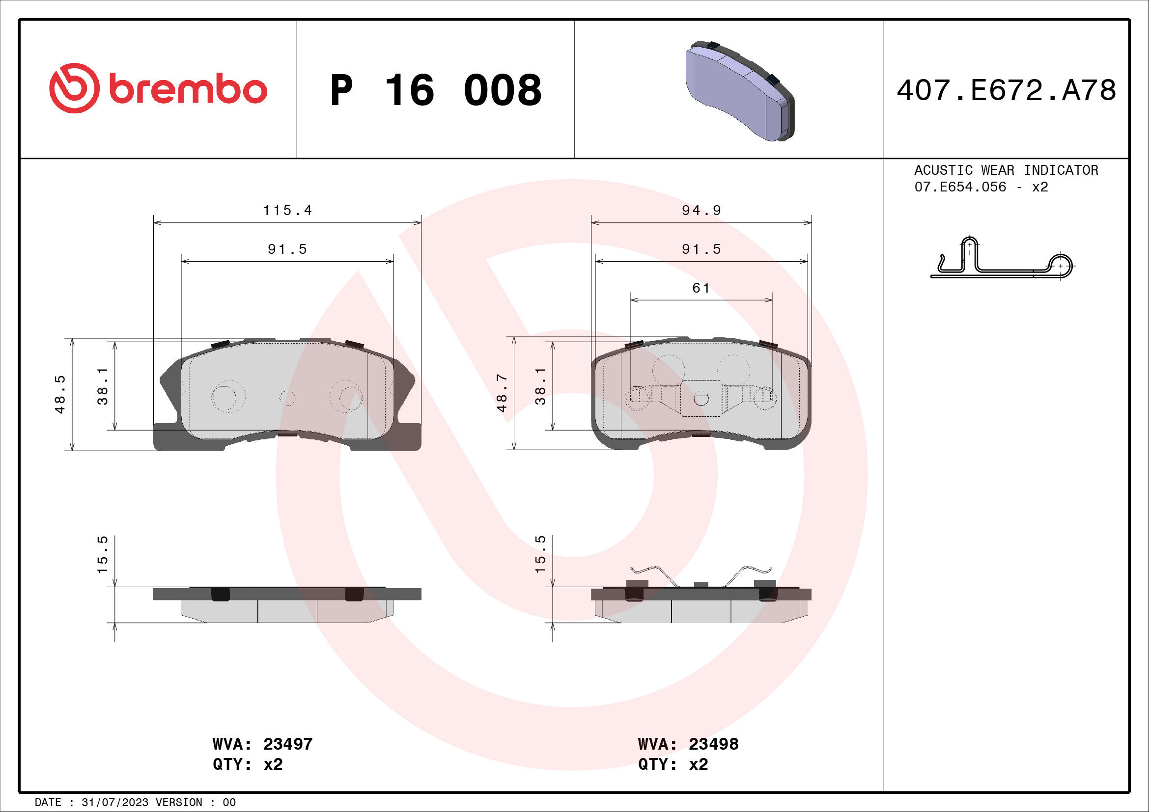 

BREMBO Sada brzdových destiček P 16 008