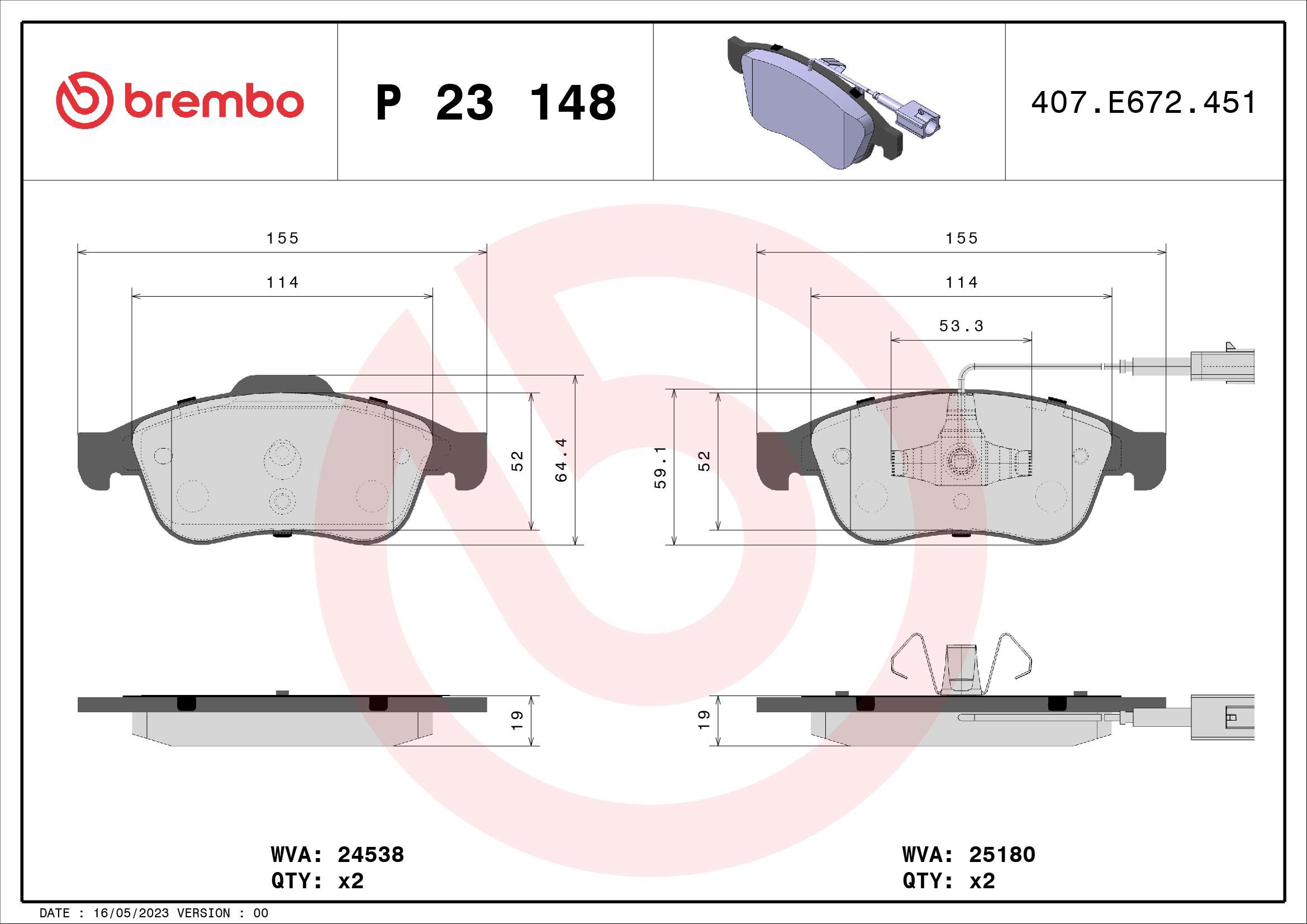 

BREMBO Sada brzdových destiček P 23 148X