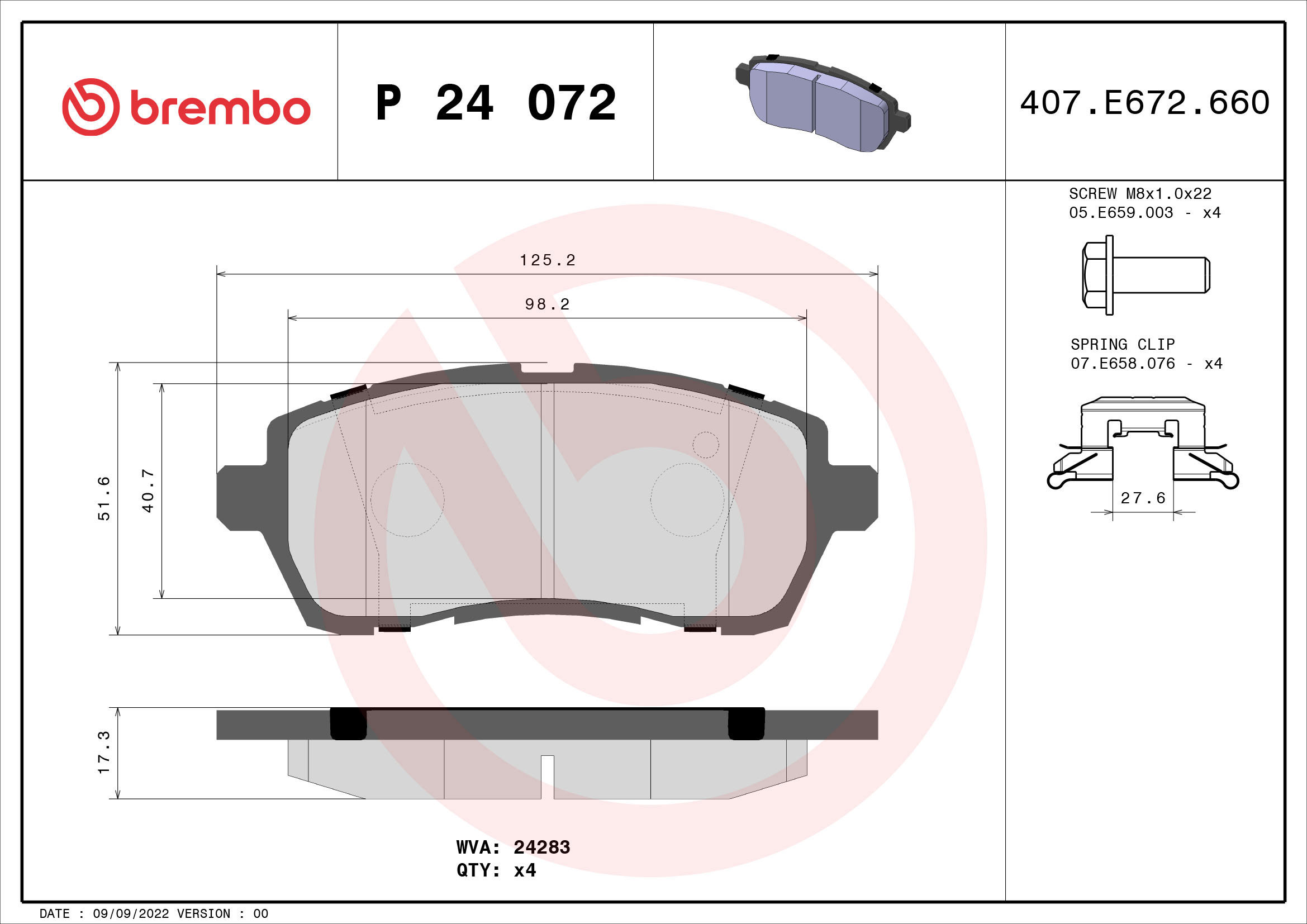 

BREMBO Sada brzdových destiček P 24 072