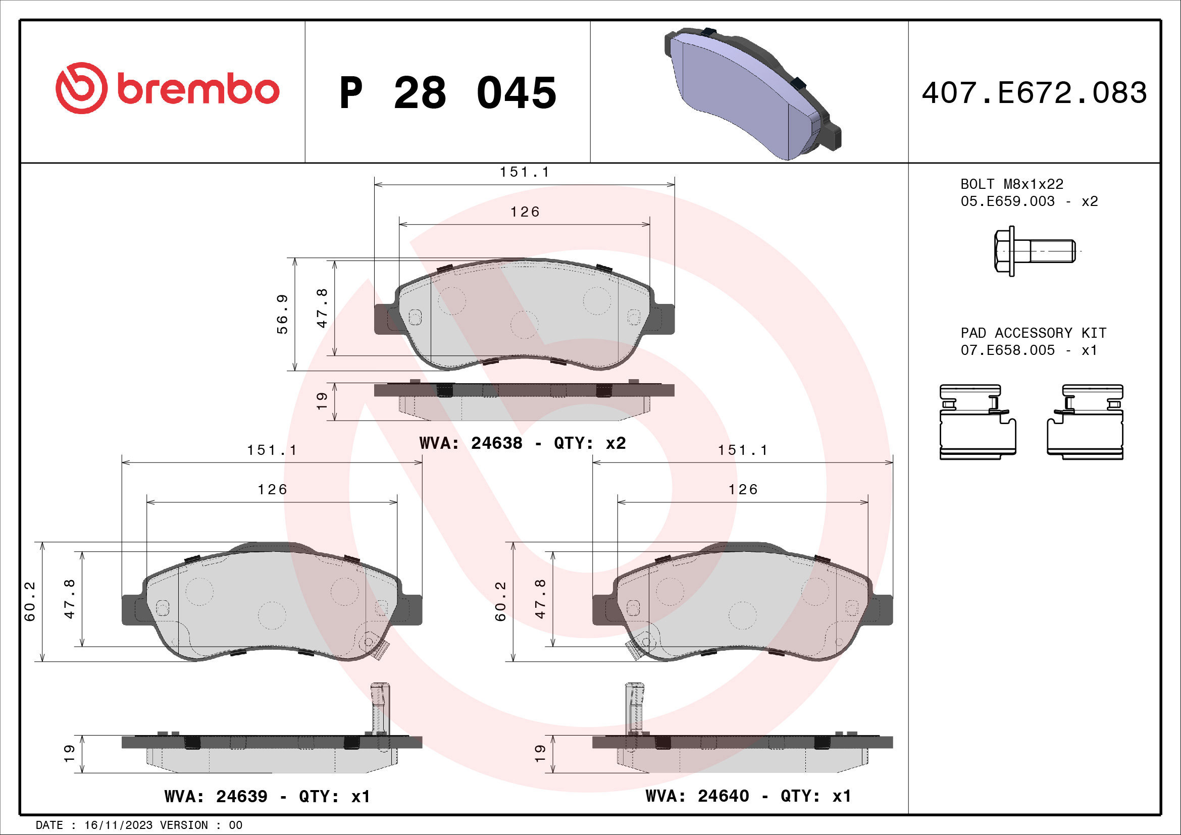 

BREMBO Sada brzdových destiček P 28 045