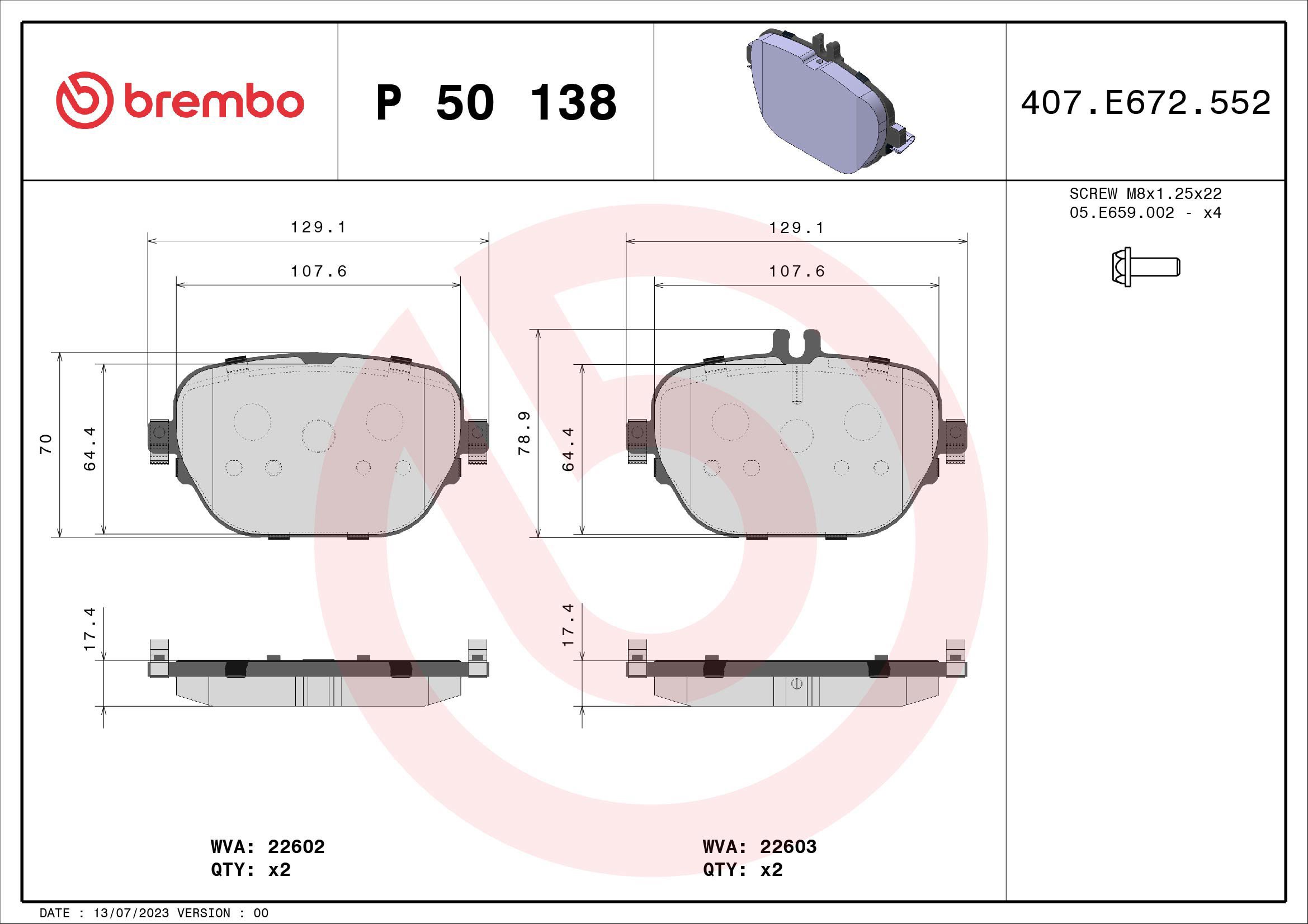

BREMBO Sada brzdových destiček P 50 138