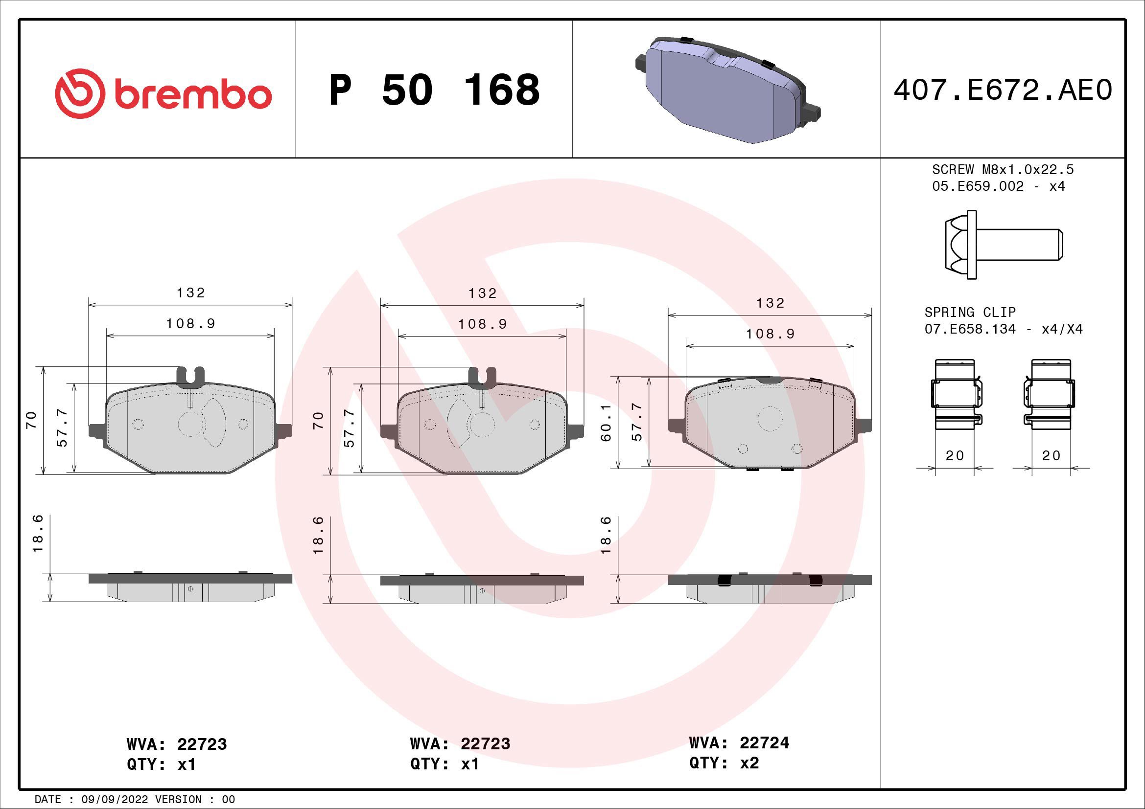 

BREMBO Sada brzdových destiček P 50 168