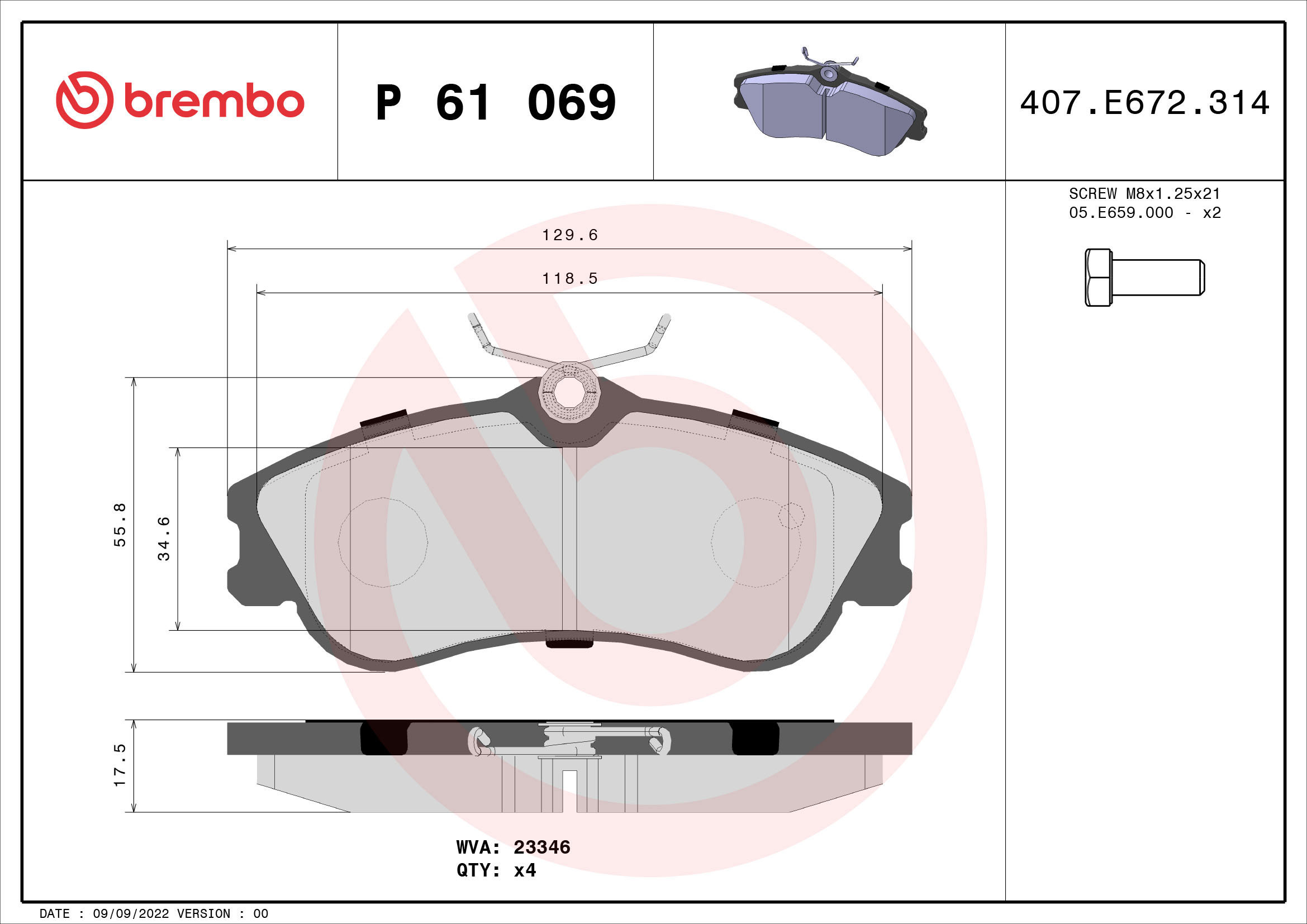 

BREMBO Sada brzdových destiček P 61 069