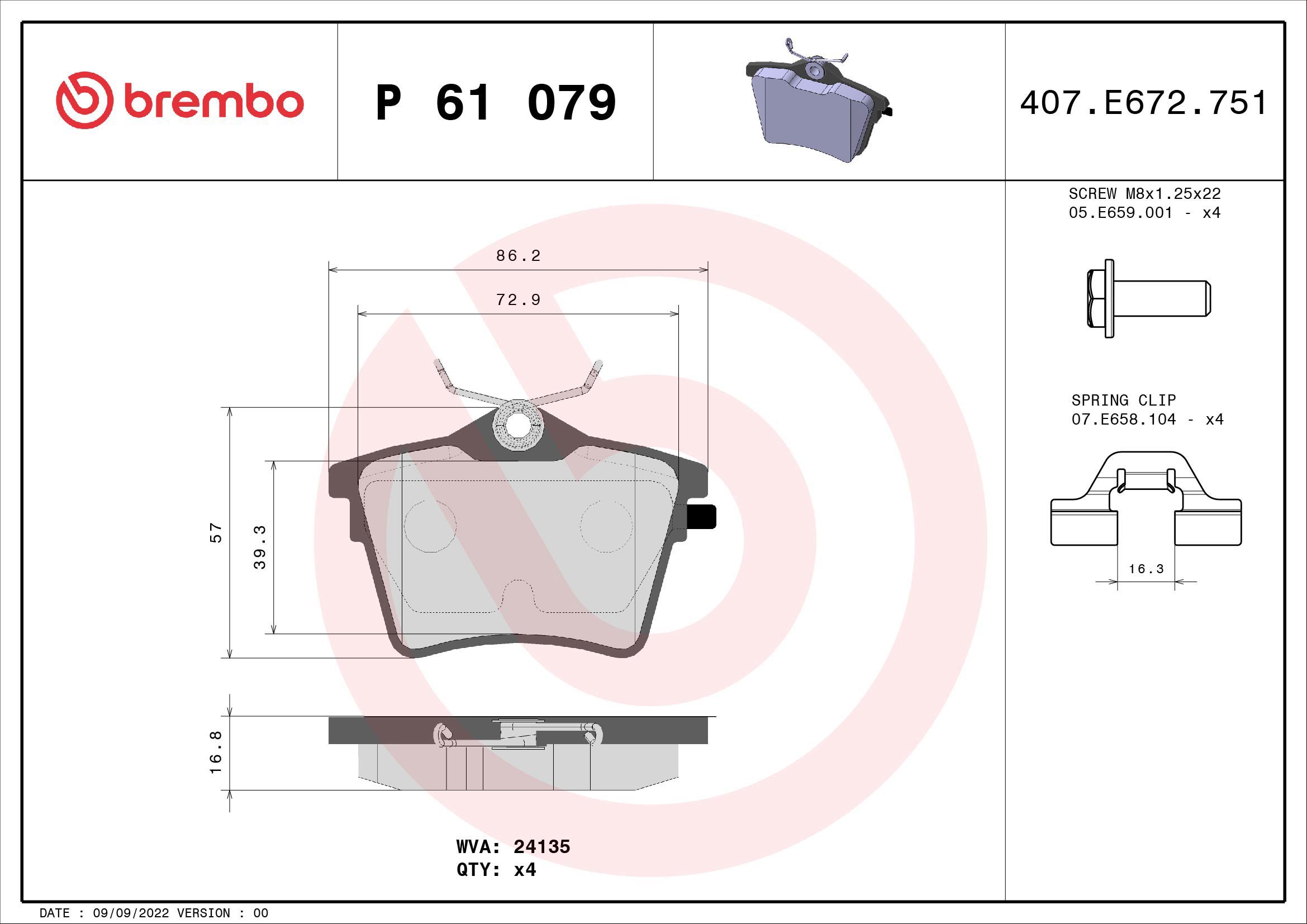 

BREMBO Sada brzdových destiček P 61 079