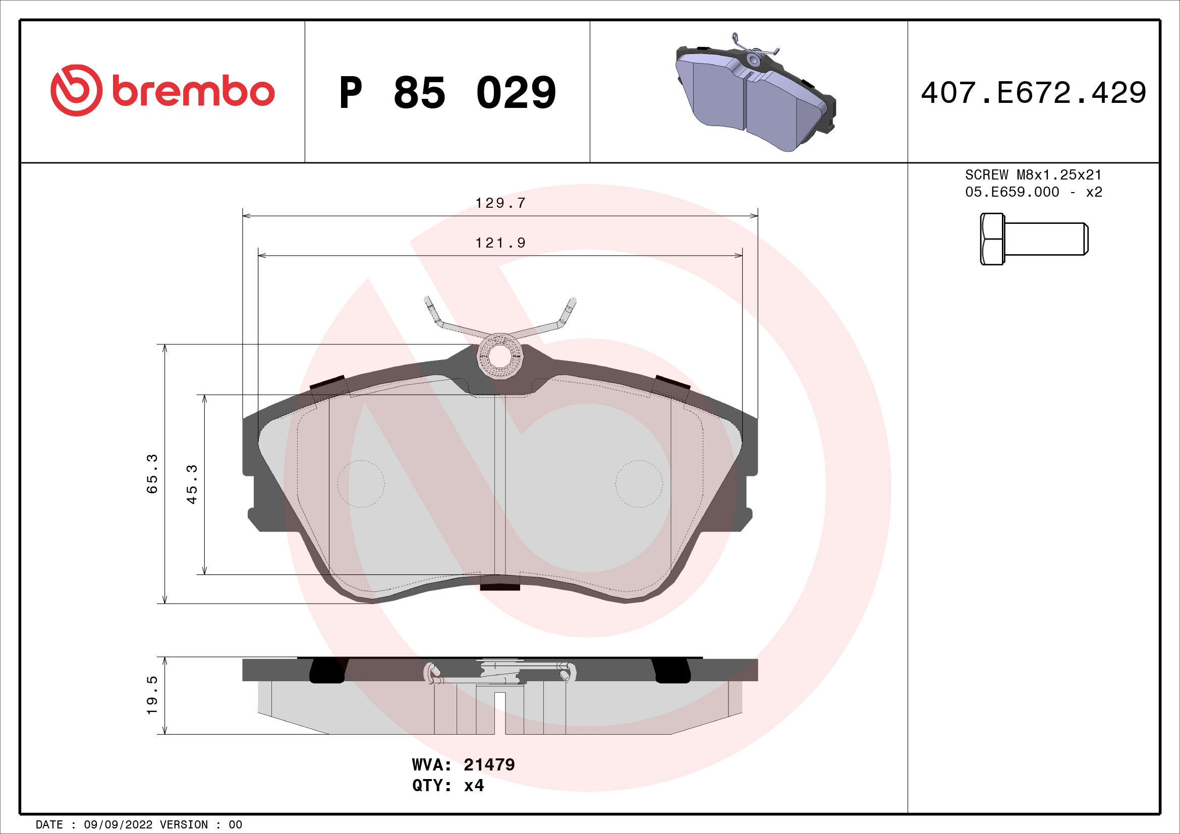 

BREMBO Sada brzdových destiček P 85 029