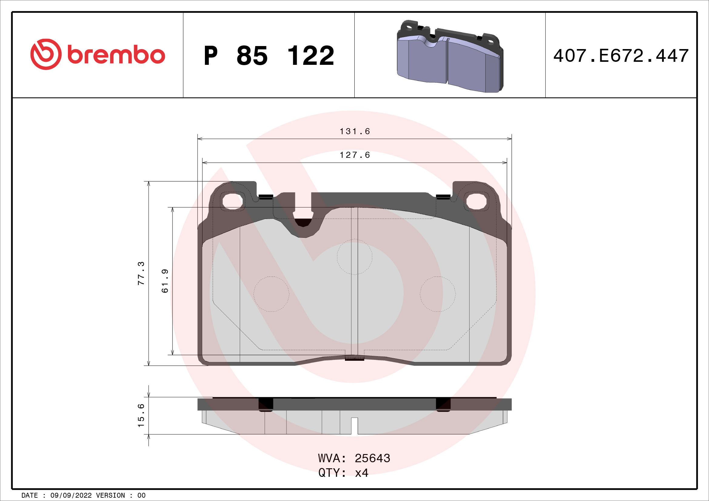 

BREMBO Sada brzdových destiček P 85 122