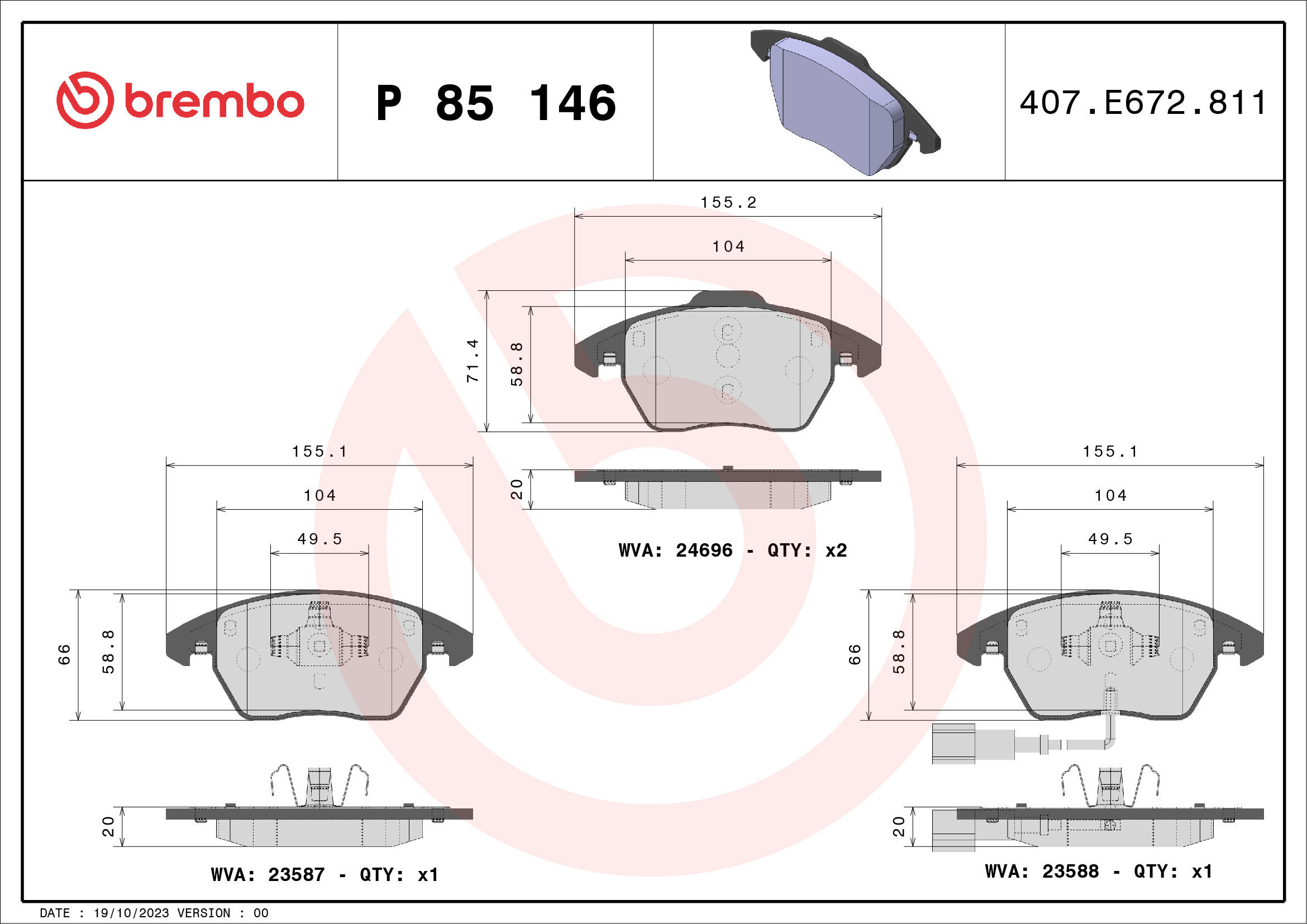 

BREMBO Sada brzdových destiček P 85 146