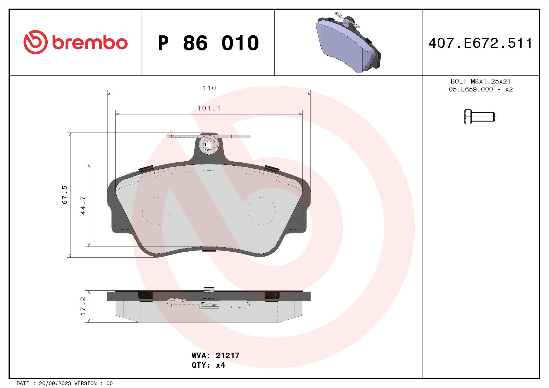 

BREMBO Sada brzdových destiček P 86 010
