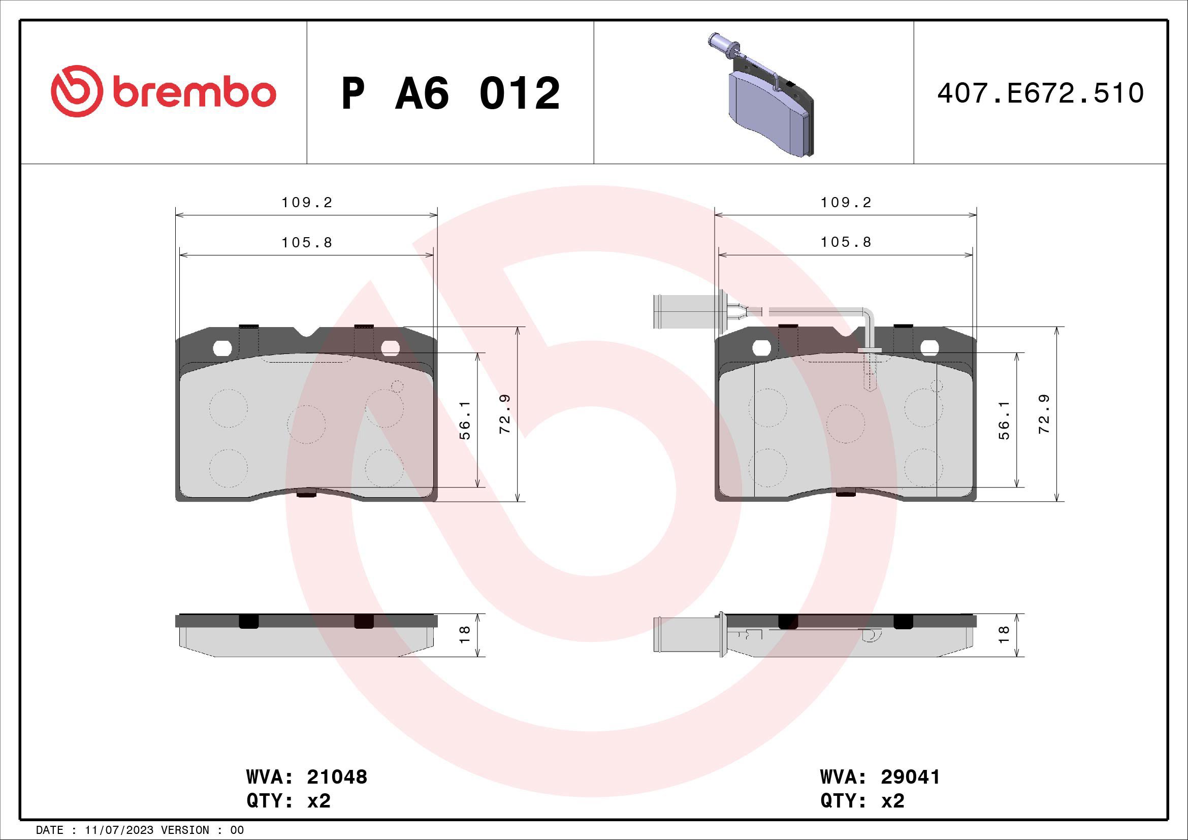 

BREMBO Sada brzdových destiček P A6 012