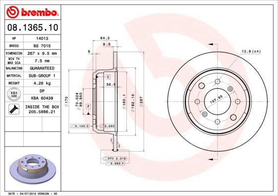 

BREMBO brzdový kotouč 08.1365.10, sada 2 ks
