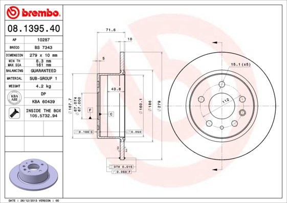 

BREMBO brzdový kotouč 08.1395.40, sada 2 ks