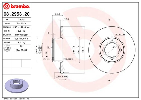 

BREMBO brzdový kotouč 08.2953.20, sada 2 ks