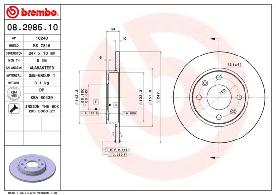 

BREMBO brzdový kotouč 08.2985.10, sada 2 ks