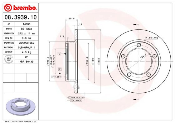 

BREMBO brzdový kotouč 08.3939.10, sada 2 ks