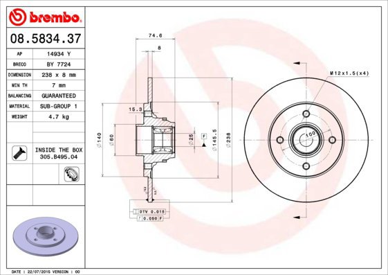 

BREMBO brzdový kotouč 08.5834.37, sada 2 ks