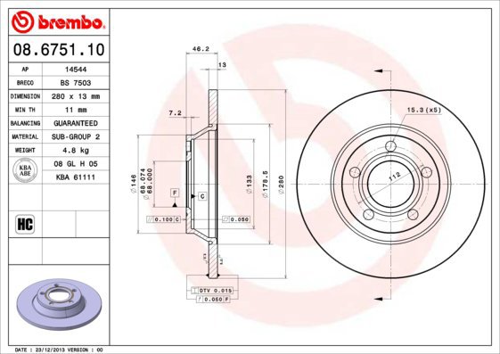 

BREMBO brzdový kotouč 08.6751.10, sada 2 ks
