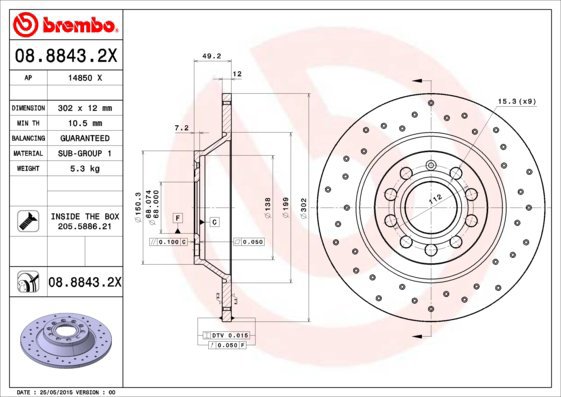 

BREMBO brzdový kotouč 08.8843.2X, sada 2 ks
