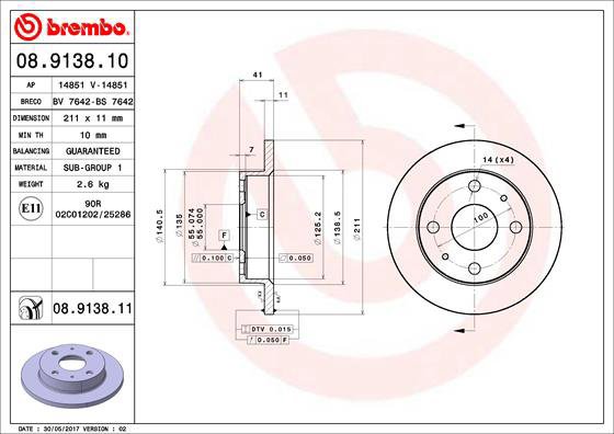 

BREMBO brzdový kotouč 08.9138.10, sada 2 ks