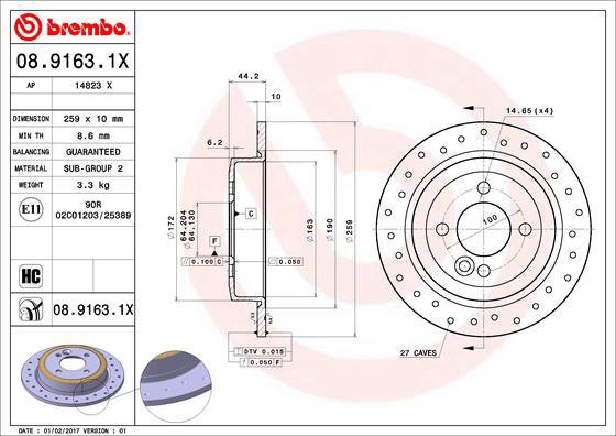 

BREMBO brzdový kotouč 08.9163.1X, sada 2 ks