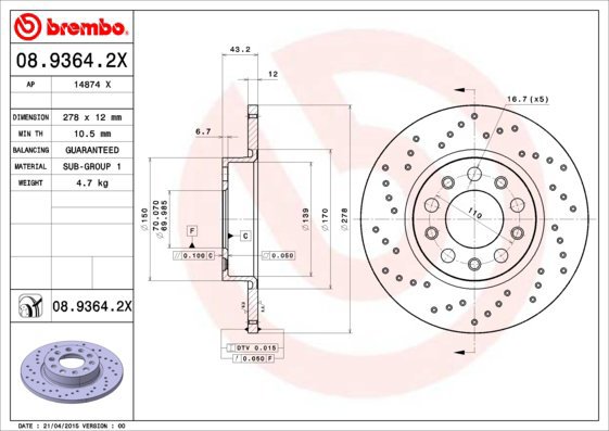 

BREMBO brzdový kotouč 08.9364.2X, sada 2 ks