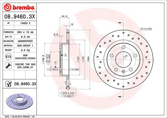 

BREMBO brzdový kotouč 08.9460.3X, sada 2 ks