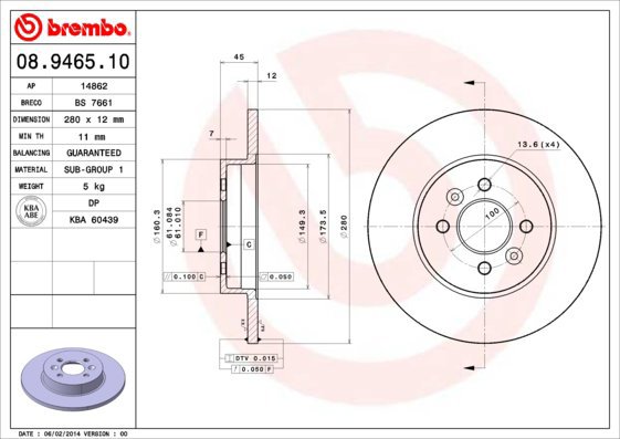 

BREMBO brzdový kotouč 08.9465.10, sada 2 ks