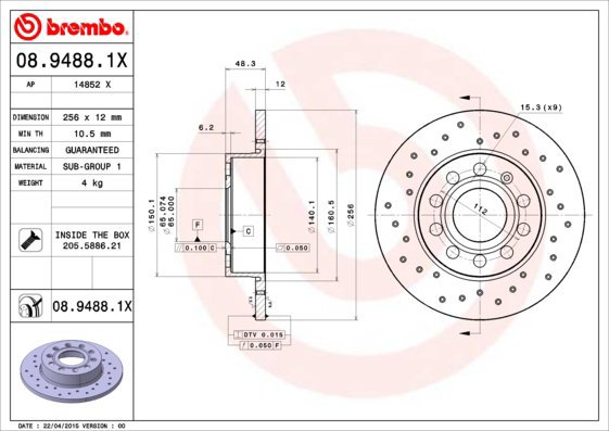 

BREMBO brzdový kotouč 08.9488.1X, sada 2 ks