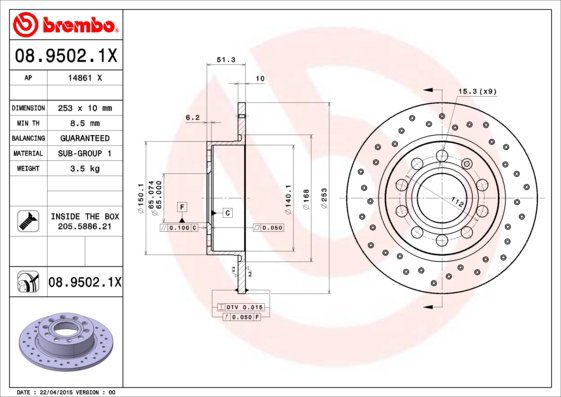 

BREMBO brzdový kotouč 08.9502.1X, sada 2 ks
