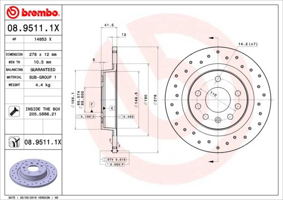 

BREMBO brzdový kotouč 08.9511.1X, sada 2 ks