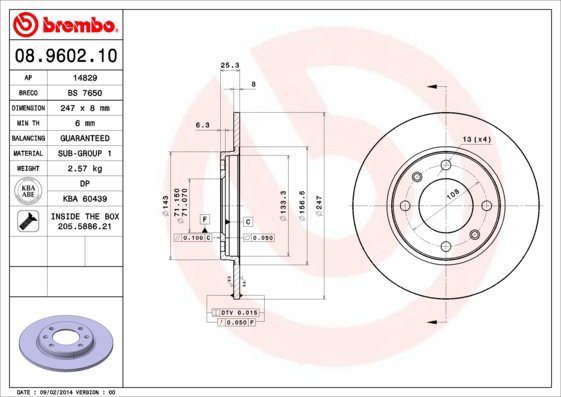 

BREMBO brzdový kotouč 08.9602.10, sada 2 ks