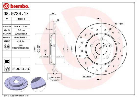 

BREMBO brzdový kotouč 08.9734.1X, sada 2 ks