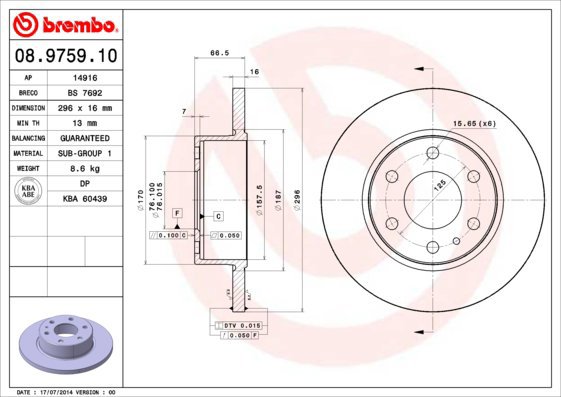 

BREMBO brzdový kotouč 08.9759.10, sada 2 ks
