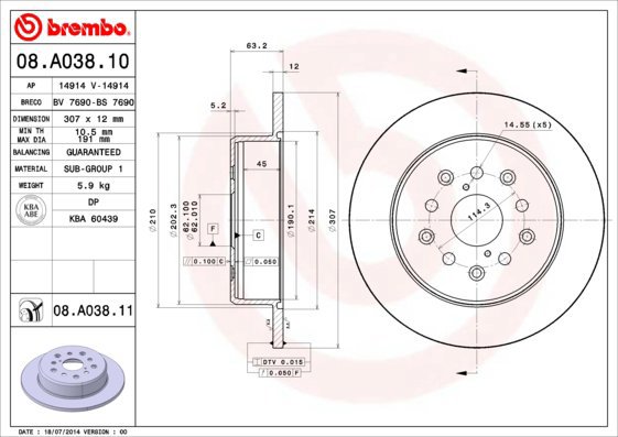 

BREMBO brzdový kotouč 08.A038.11, sada 2 ks