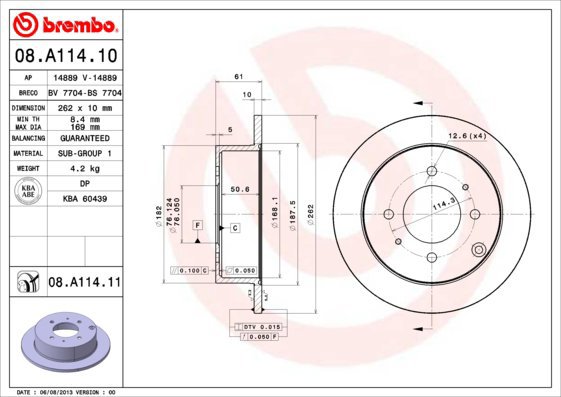 

BREMBO brzdový kotouč 08.A114.11, sada 2 ks