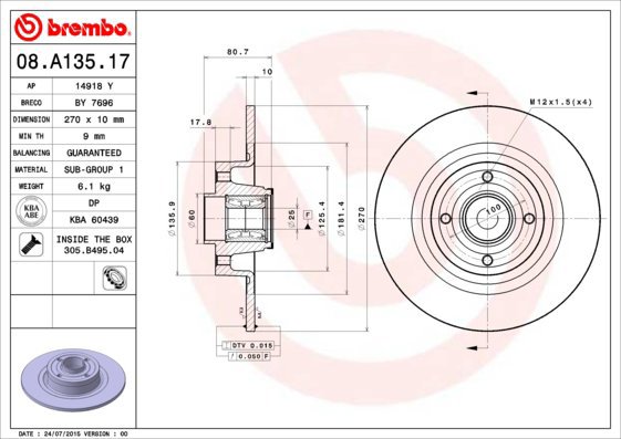

BREMBO brzdový kotouč 08.A135.17, sada 2 ks