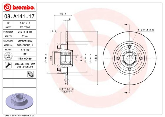 

BREMBO brzdový kotouč 08.A141.17, sada 2 ks