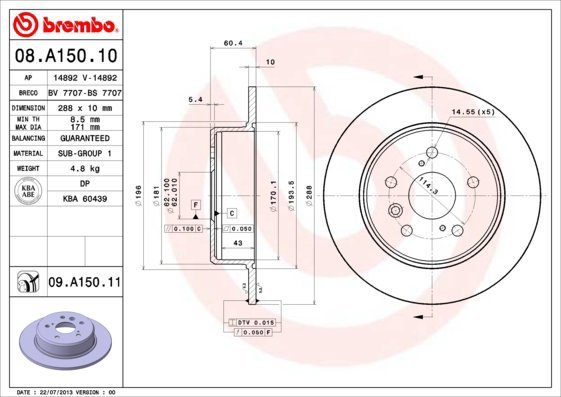 

BREMBO brzdový kotouč 08.A150.11, sada 2 ks