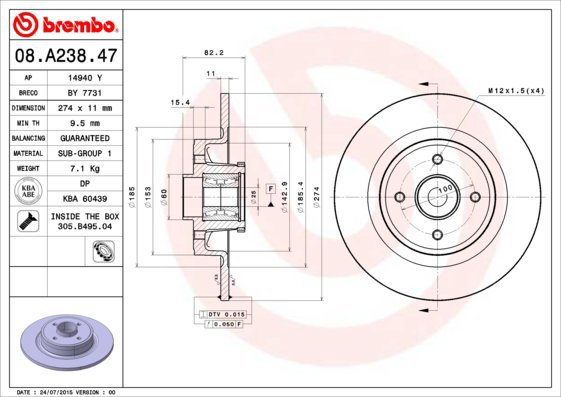 

BREMBO brzdový kotouč 08.A238.47, sada 2 ks