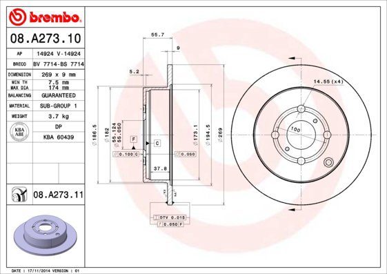 

BREMBO brzdový kotouč 08.A273.11, sada 2 ks