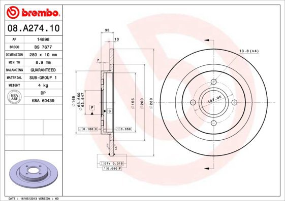 

BREMBO brzdový kotouč 08.A274.10, sada 2 ks
