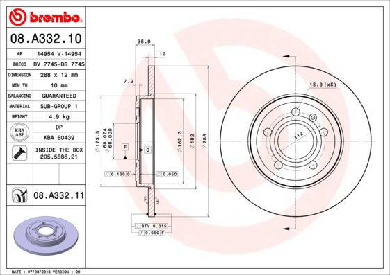

BREMBO brzdový kotouč 08.A332.11, sada 2 ks
