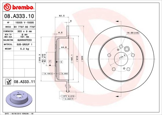 

BREMBO brzdový kotouč 08.A333.11, sada 2 ks