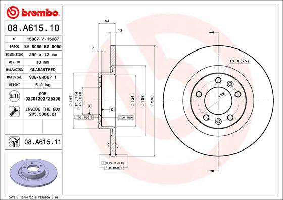 

BREMBO brzdový kotouč 08.A615.11, sada 2 ks