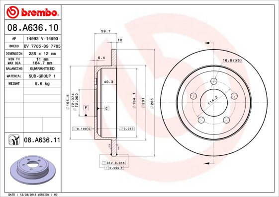 

BREMBO brzdový kotouč 08.A636.11, sada 2 ks